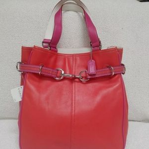 Limited Edition Coach Red & Pink Colorblock Large Leather Handbag Silver Buckle